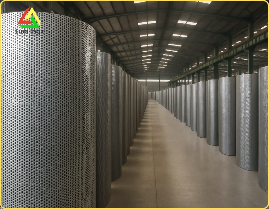 Tấm inox nguyên khối được đục lỗ tròn, khác lưới đan dệt từ sợi dây inox