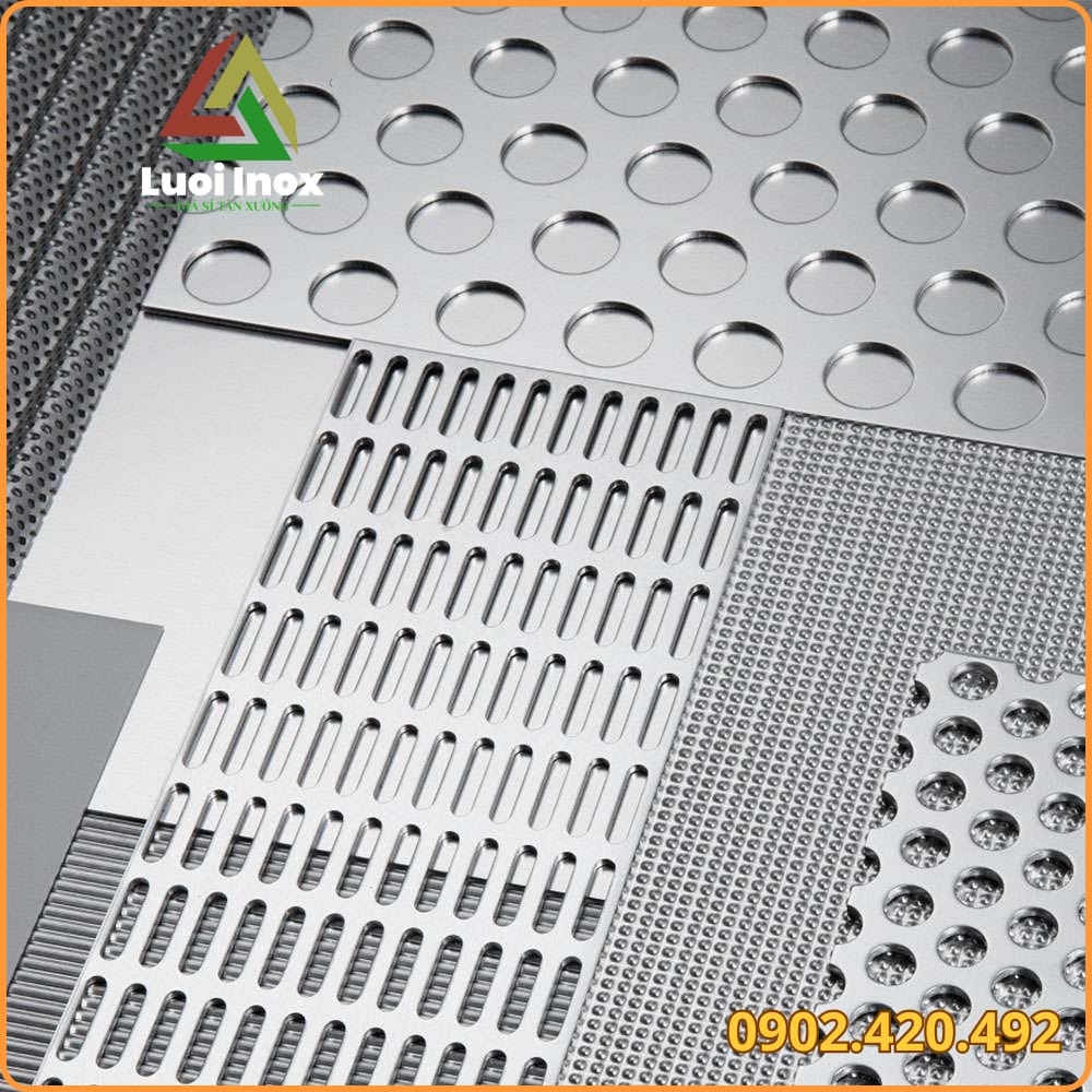 Dàn mẫu lỗ tròn, vuông, chữ nhật, oval và hoa thị trên tấm inox đục lỗ trang trí
