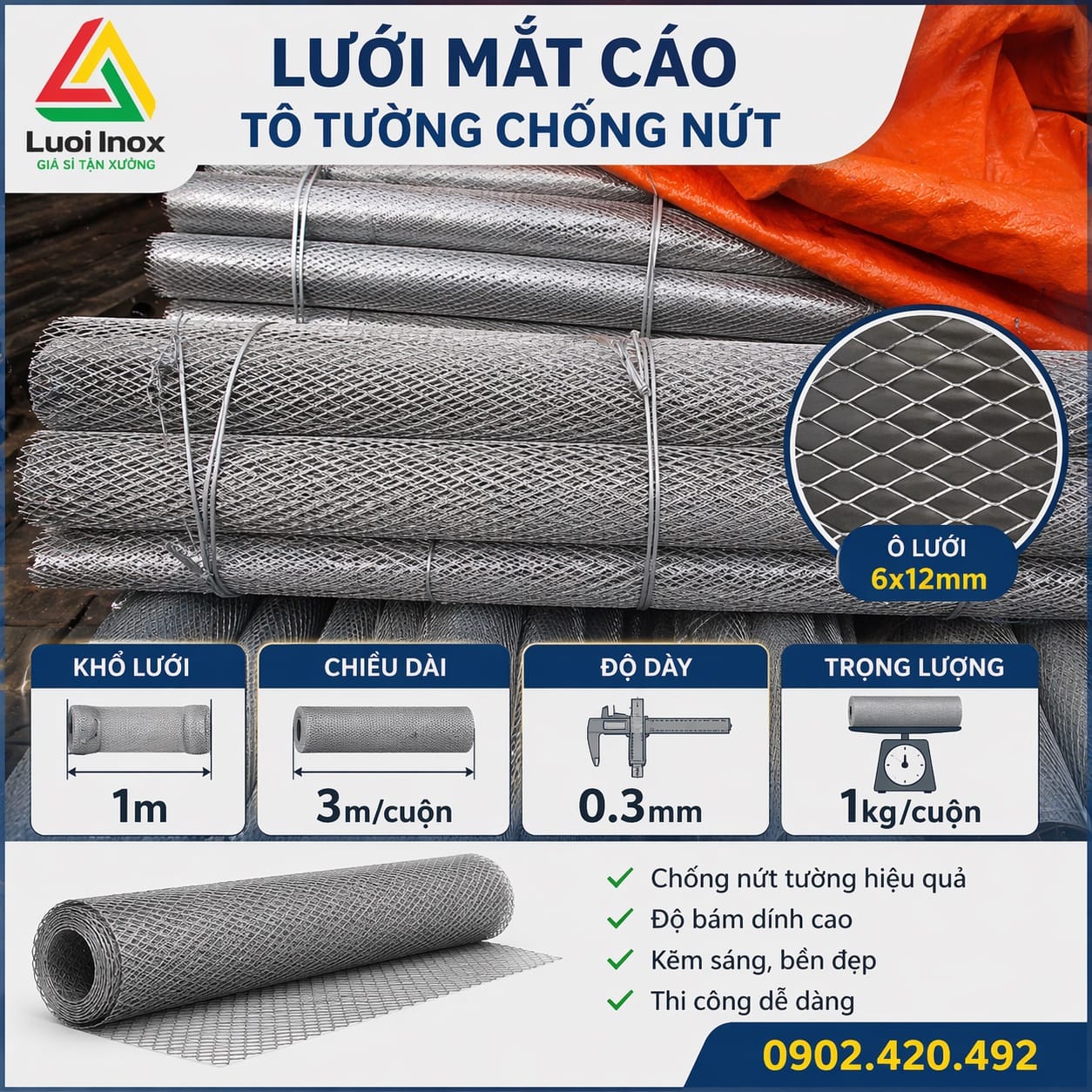 Bảng quy cách lưới mắt cáo tô tường khổ 1m, ô 6x12 và 10x20mm