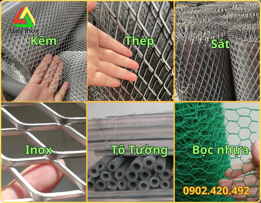 Ba tấm lưới mắt cáo mạ kẽm inox và bọc nhựa đặt cạnh nhau so sánh chất liệu