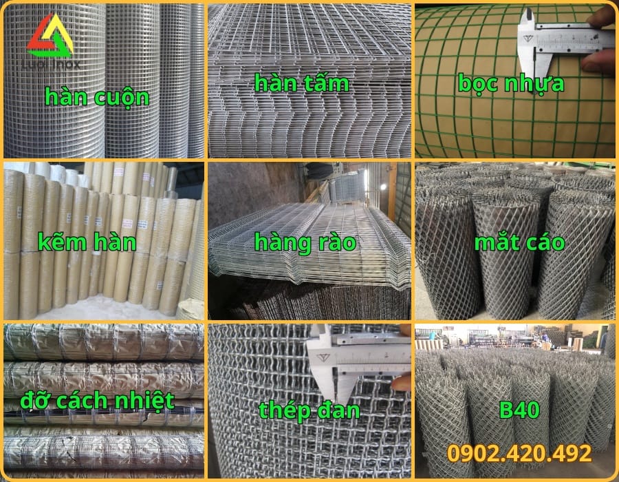 Các dòng lưới thép hàn, B40, mạ kẽm và bọc nhựa PVC bày cạnh nhau
