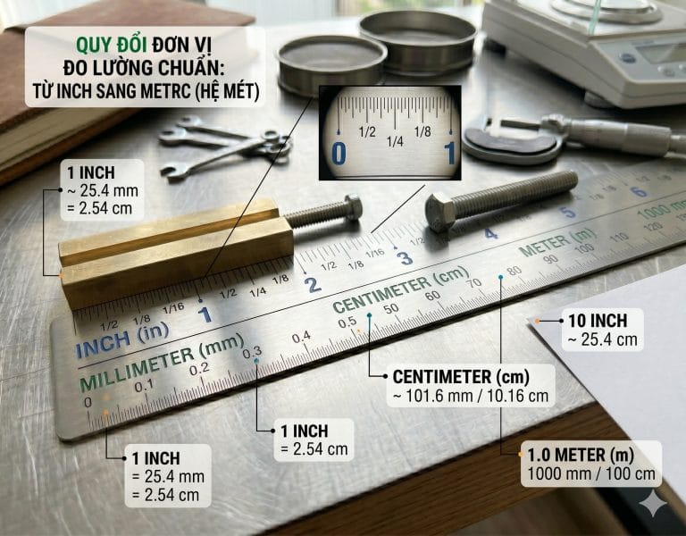 Thước đo inch ký hiệu in cạnh thước mm minh họa quy đổi 1 inch 25,4mm