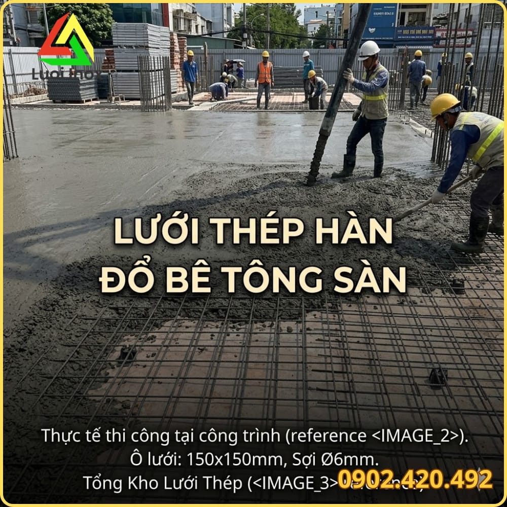 Sơ đồ mặt cắt sàn bê tông có lớp lưới thép hàn và lớp bê tông bảo vệ cốt thép