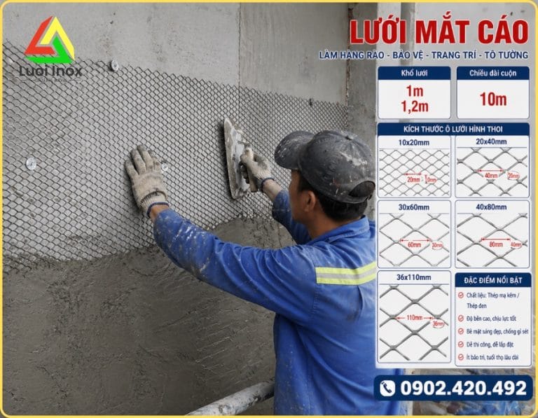Ghim lưới mắt cáo tô tường làm cốt bám vữa tại mối nối gạch và cột bê tông