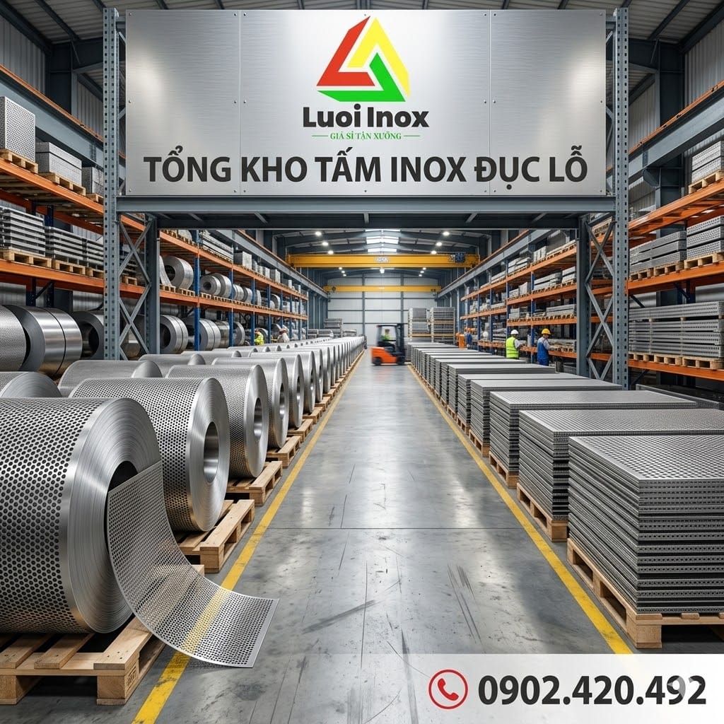 Tấm inox nguyên khối đục lỗ tròn đều, bề mặt sáng, khác với lưới inox đan