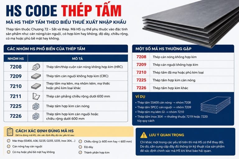 Tờ khai hải quan đặt cạnh lô thép tấm minh họa cách tra mã HS code thép tấm