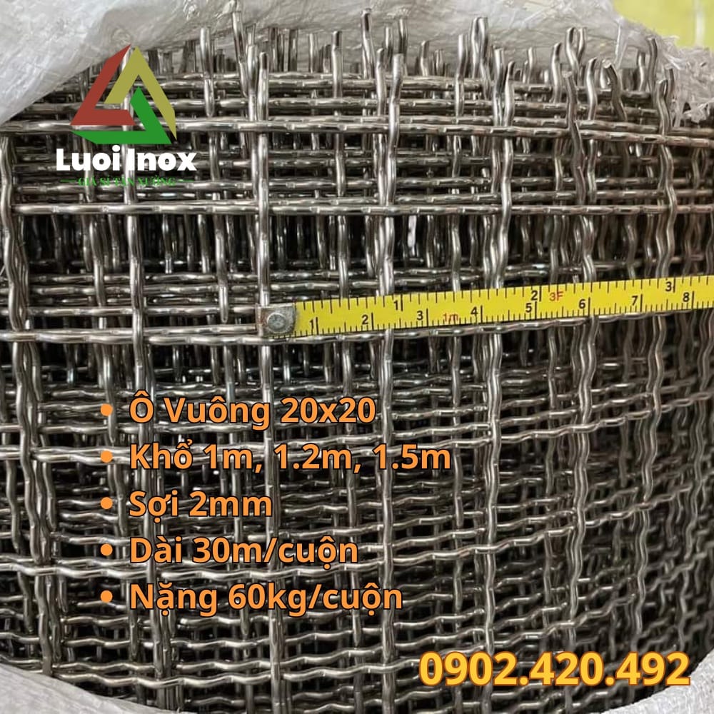 Lưới inox 20x20 quy cách ô lưới 20mm sợi 2mm giá sỉ tại xưởng