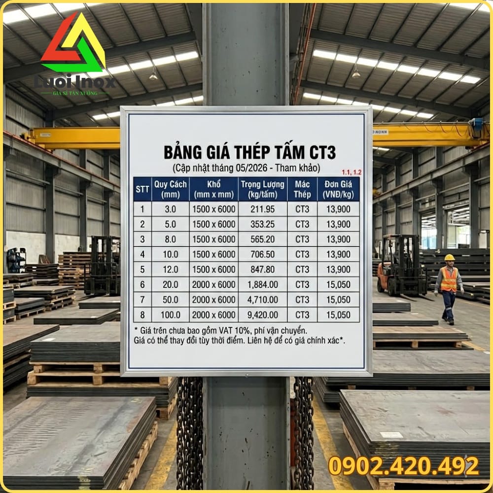 Báo giá thép tấm CT3 theo độ dày, khổ tấm tại Lưới Inox Giá Sỉ miền Nam