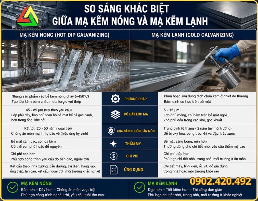 Chi tiết thép nhúng ngập bể kẽm nóng chảy tạo lớp phủ chống ăn mòn đều hai mặt