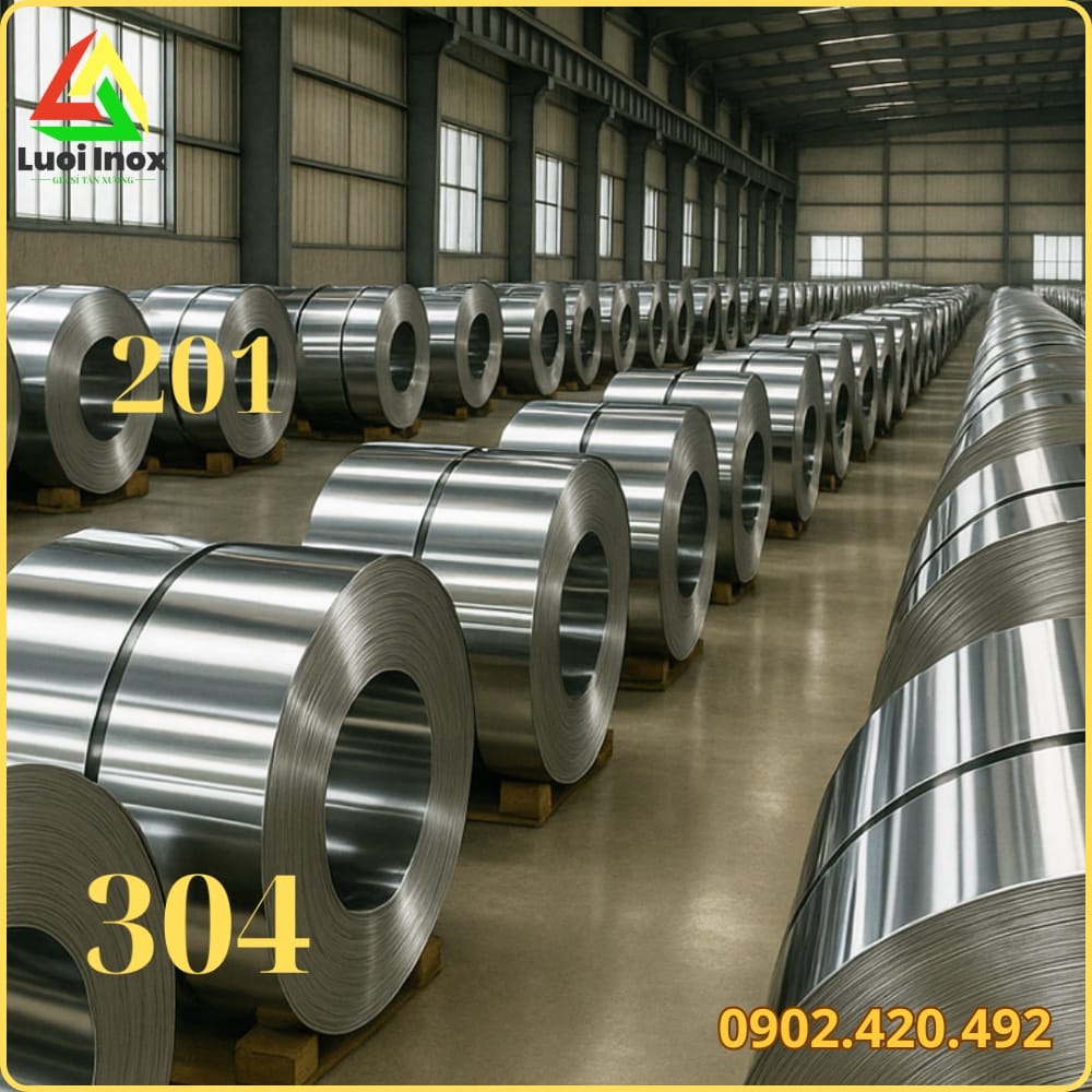 So sánh mẫu cuộn inox 304 với 201 và 430 cùng độ dày 1mm để tránh nhầm mác thép