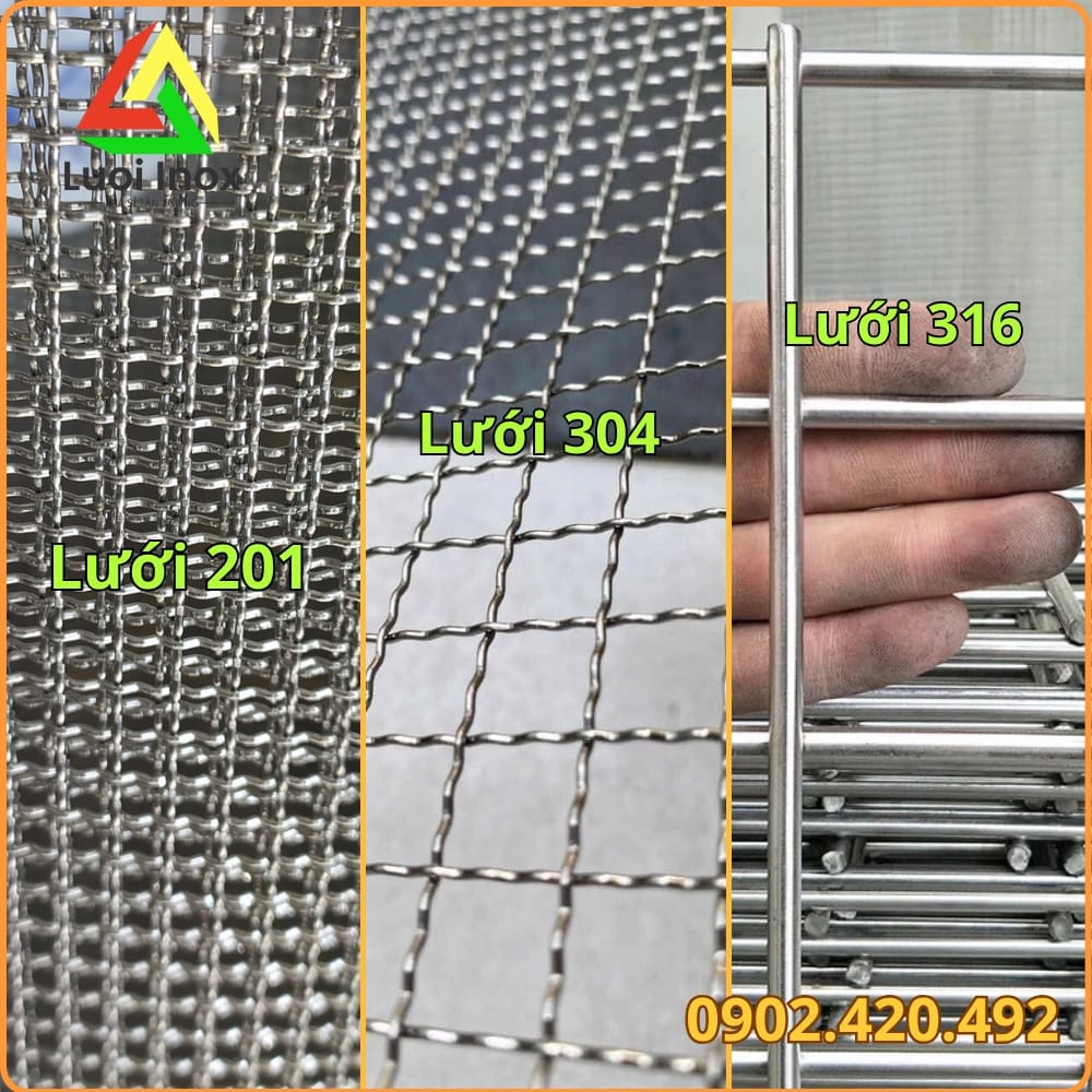 Cận cảnh mắt lưới đan inox với sợi dọc ngang lồng vào rãnh sóng khác lưới hàn