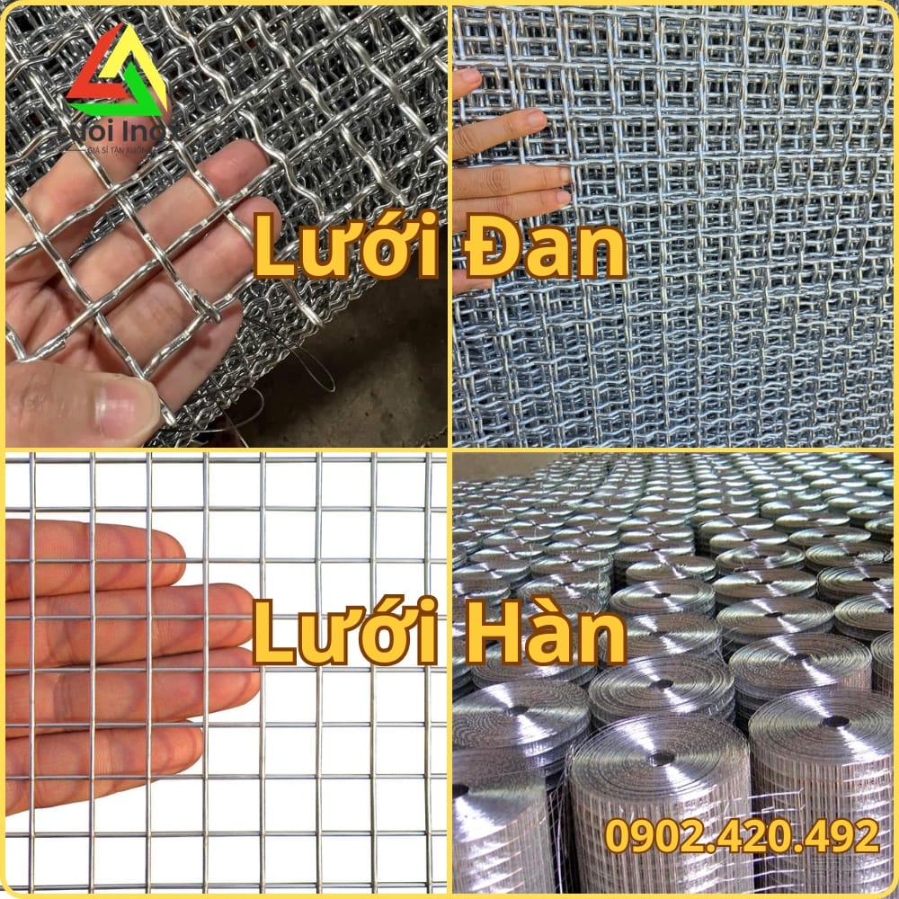 Sơ đồ so sánh lưới thép đan, hàn chập và mắt cáo để phân biệt sợi 1 ly