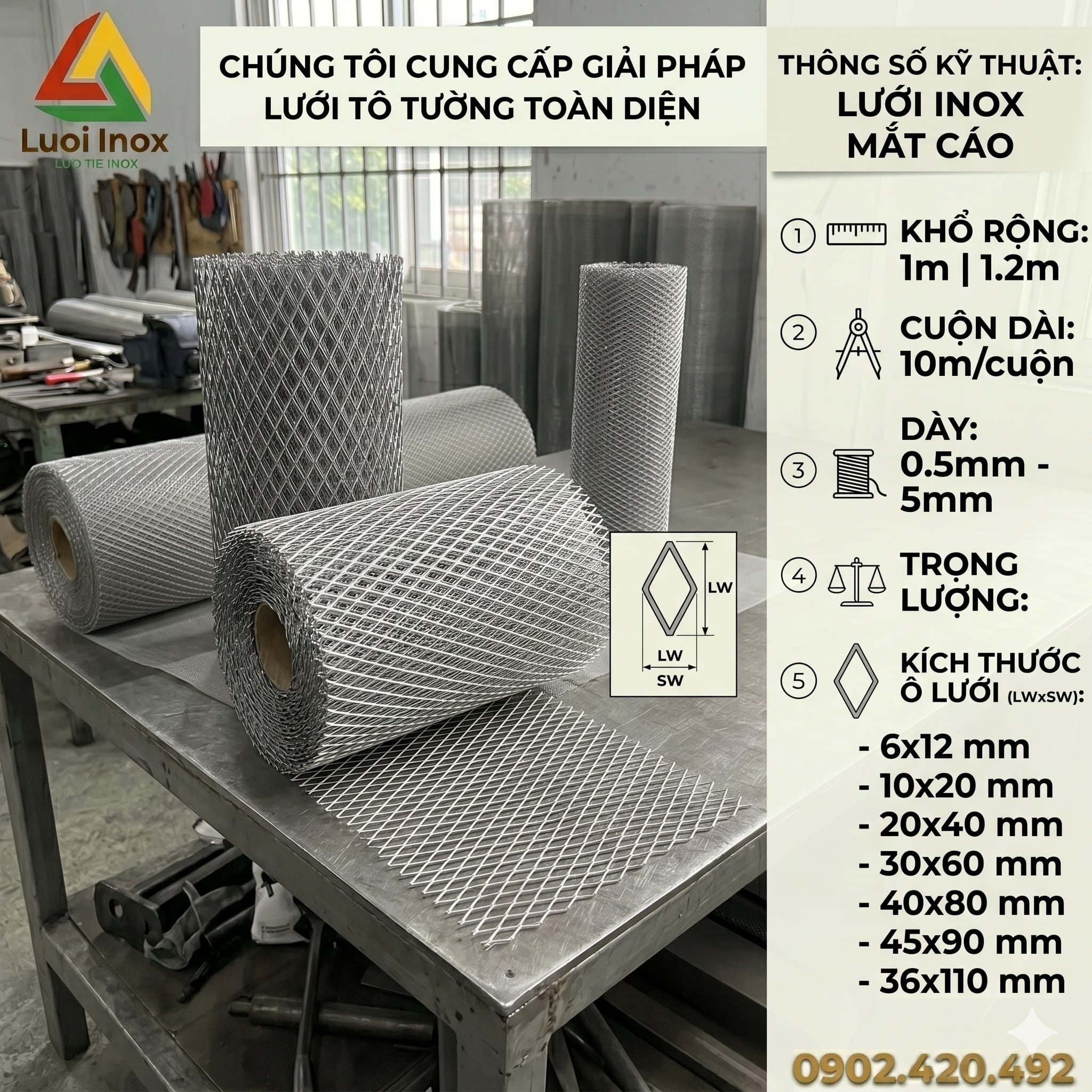Bảng quy cách khổ cuộn, độ dày và cỡ ô lưới mắt cáo inox ba mác 201 304 316