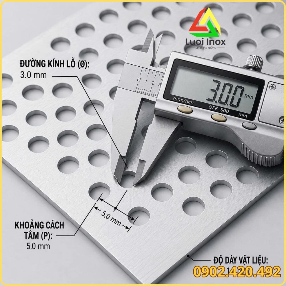 Bảng quy cách khổ tấm, độ dày, đường kính lỗ khi đặt hàng lưới nhôm đục lỗ