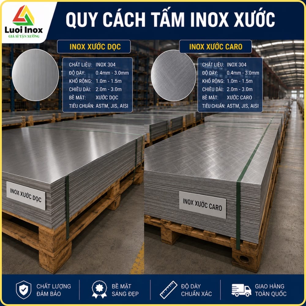 Bảng quy cách tấm inox xước theo mác 201 304 316 và độ dày khổ tiêu chuẩn