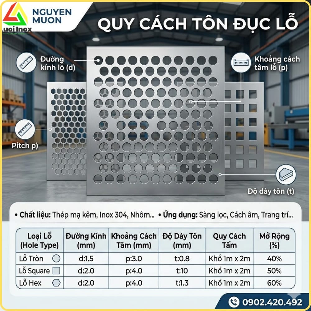 Bảng quy cách tôn dập lỗ với độ dày, khổ tấm và đường kính lỗ phổ biến