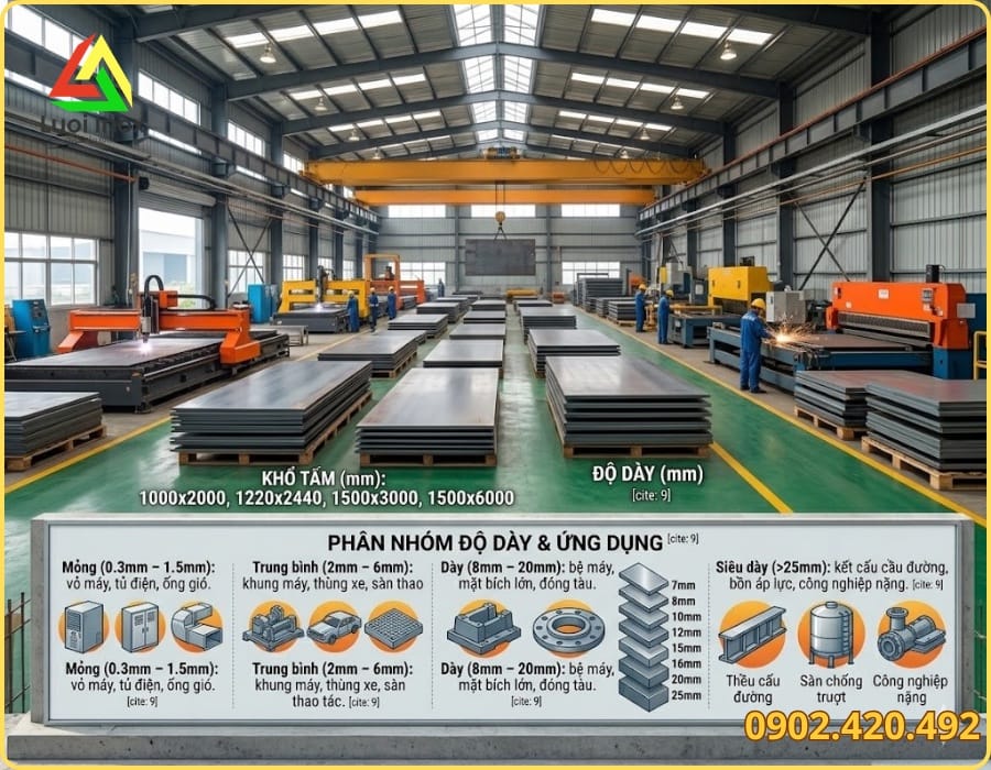 Các khổ tấm thép đục lỗ và chống trượt xếp so sánh kích thước rộng dài