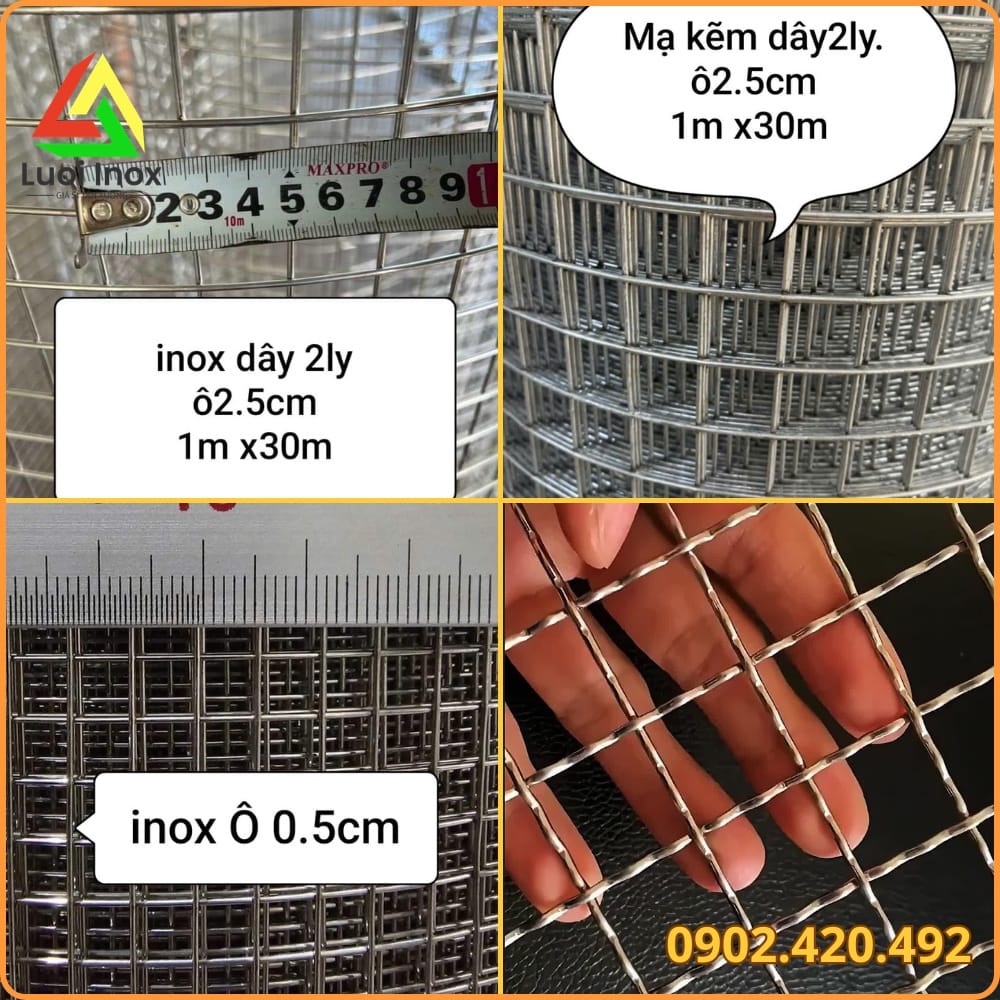 Bảng so sánh kích thước ô lưới inox theo từng loại vật nuôi từ gà con đến chuồng trại lớn