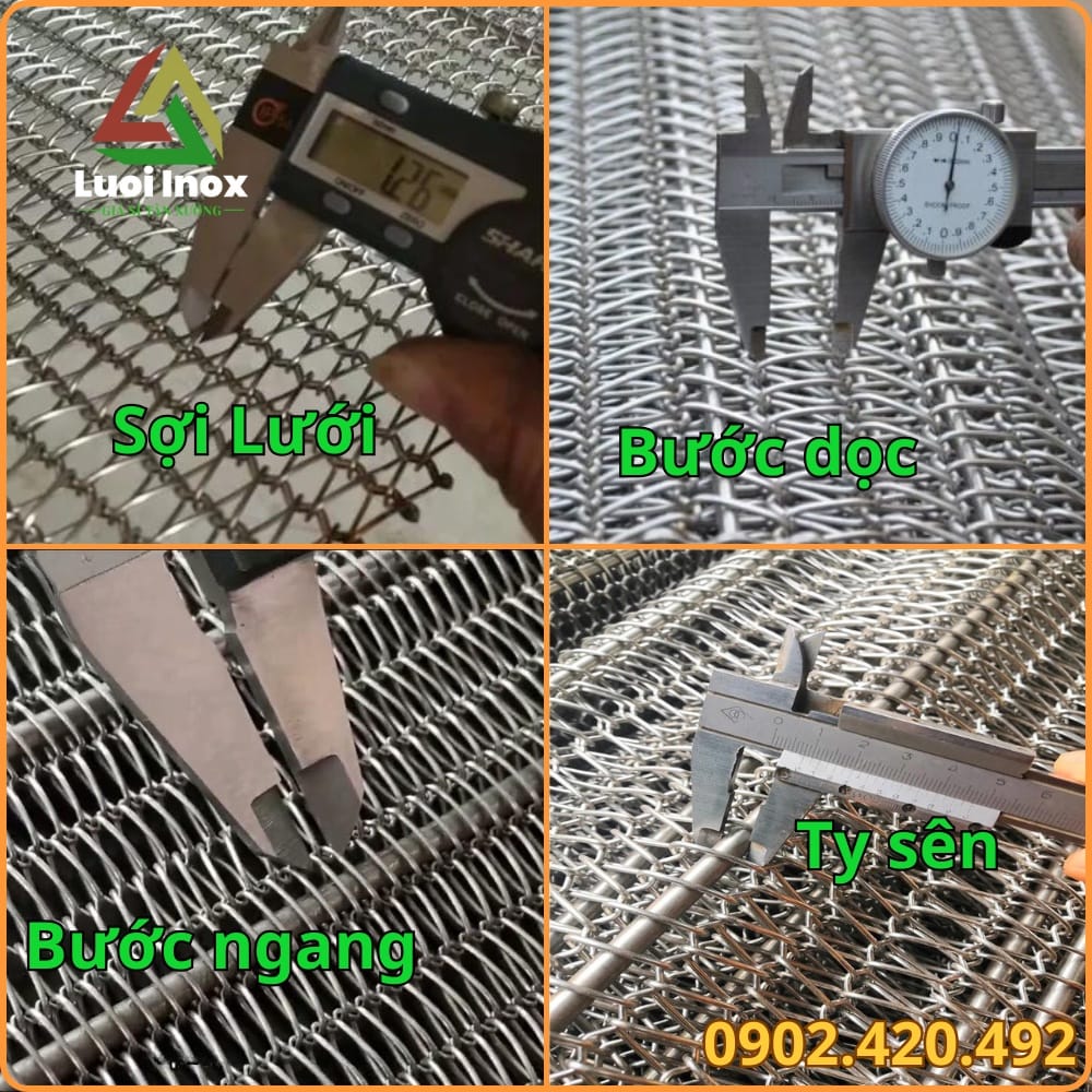 Bảng quy cách đường kính sợi, chiều rộng và vật liệu lưới inox băng tải