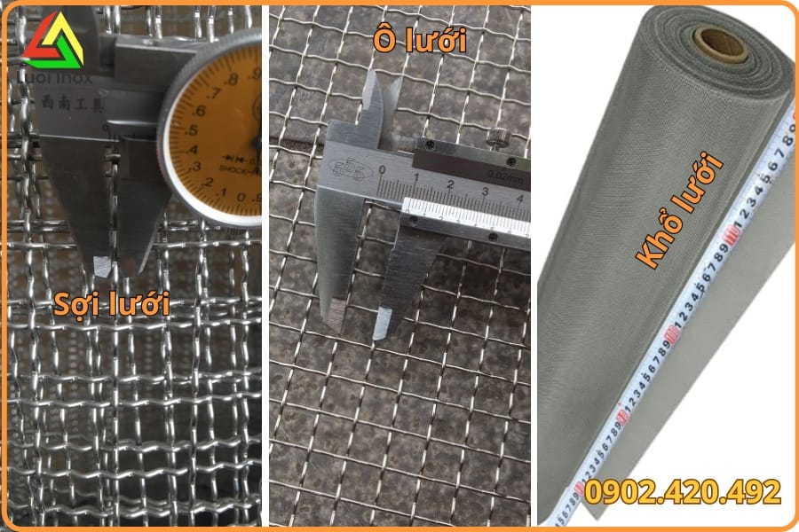 Bảng quy cách lưới inox 304 gồm ô lưới, đường kính sợi và trọng lượng cuộn