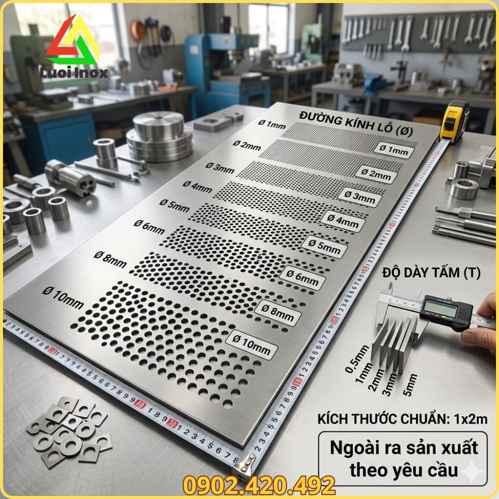 Bảng quy cách tấm inox đục lỗ gồm độ dày, đường kính lỗ, khổ và bề mặt