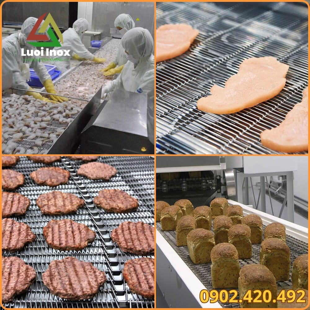 Lưới inox băng tải lắp trong dây chuyền chế biến thực phẩm và xi măng hóa chất
