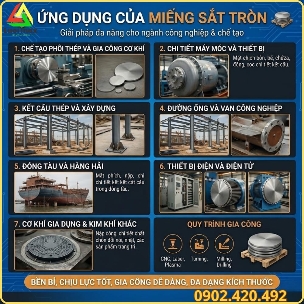 Ứng dụng miếng sắt tròn làm mặt bích, nắp hố ga và chi tiết cơ khí thực tế
