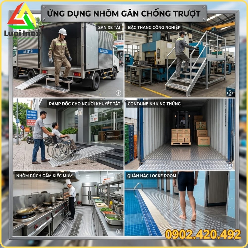 Nhôm gân chống trượt lót sàn xe tải và bậc cầu thang nhà xưởng thực tế
