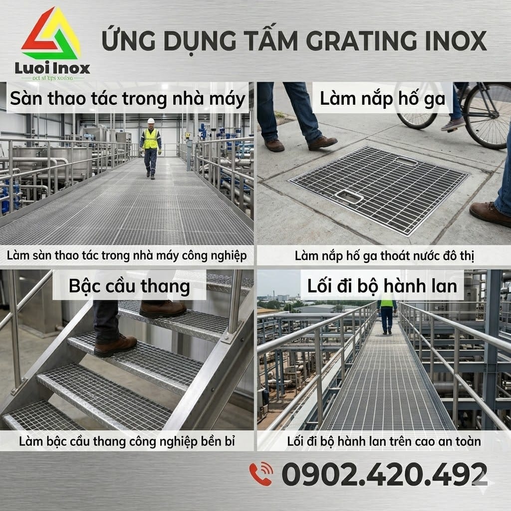 Tấm grating inox lắp làm nắp mương thoát nước và sàn thao tác trong nhà xưởng công nghiệp