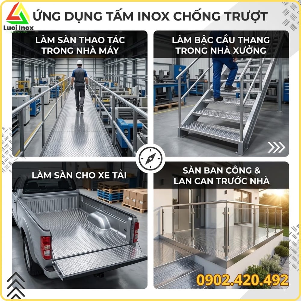 Tấm inox chống trượt lắp tại sàn xưởng, cầu thang và sàn nhà máy chế biến thực phẩm