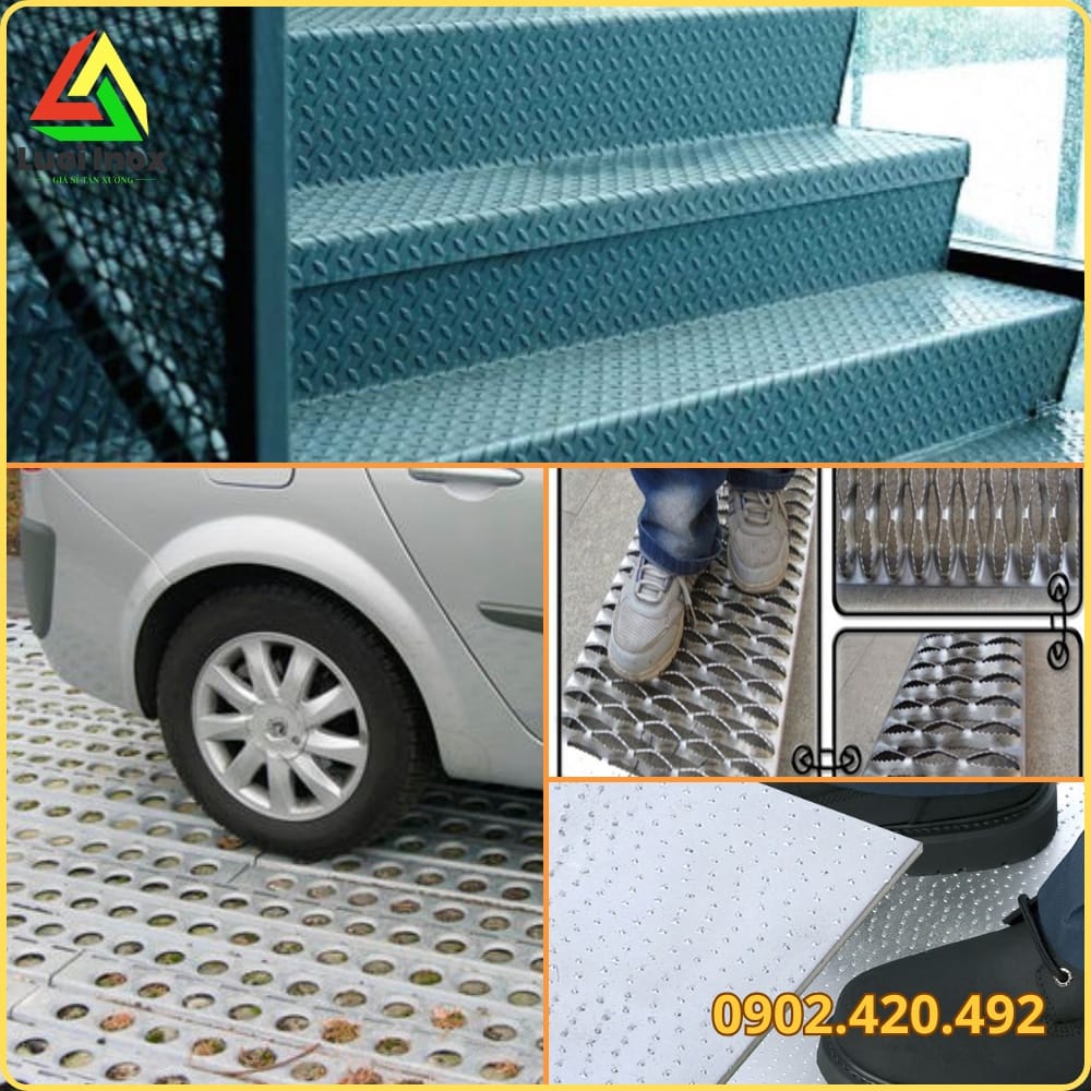Tấm inox dập gân lát sàn nhà xưởng và bậc cầu thang chống trơn trượt thực tế
