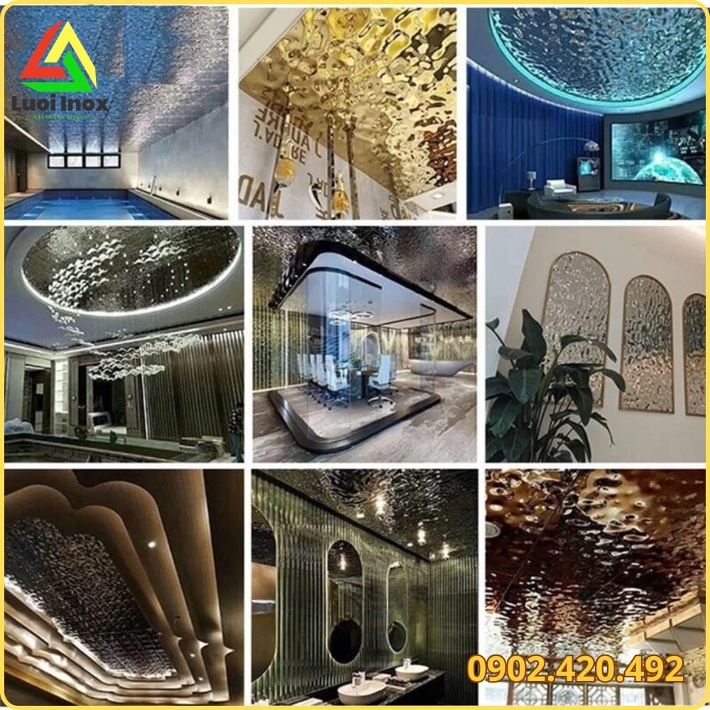 Tấm inox sóng nước ốp trần sảnh thang máy và ốp tường showroom tạo điểm nhấn kiến trúc