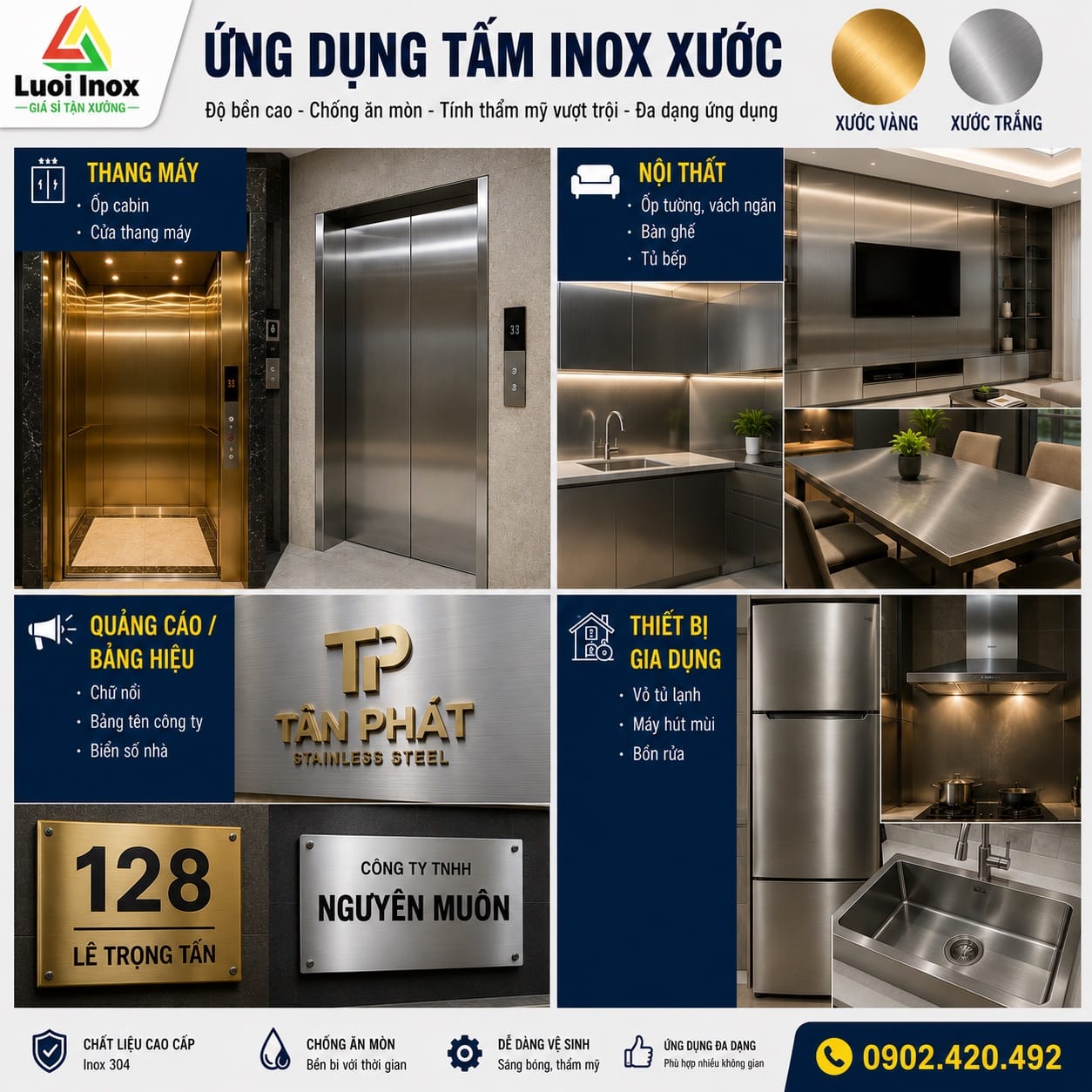 Tấm inox xước ốp tường vách ngăn nội thất và mặt dựng kiến trúc ngoại thất