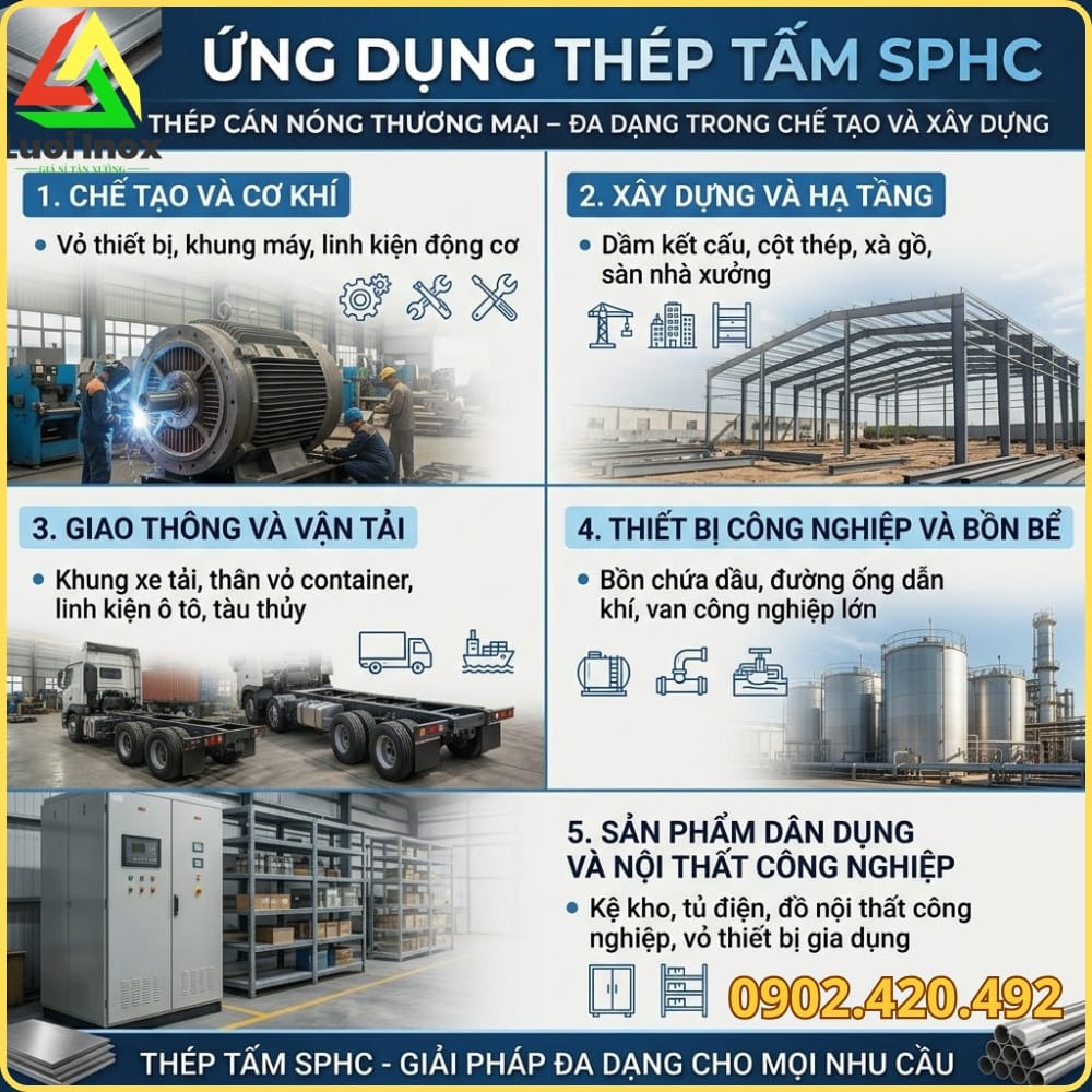 Thép tấm SPHC gia công vỏ ô tô, bồn bể công nghiệp và kết cấu đóng tàu thực tế