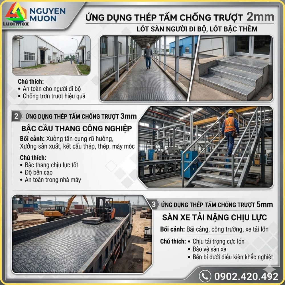 Thép tấm gân chống trượt lót sàn nhà xưởng và bậc cầu thang tải nhẹ trung bình