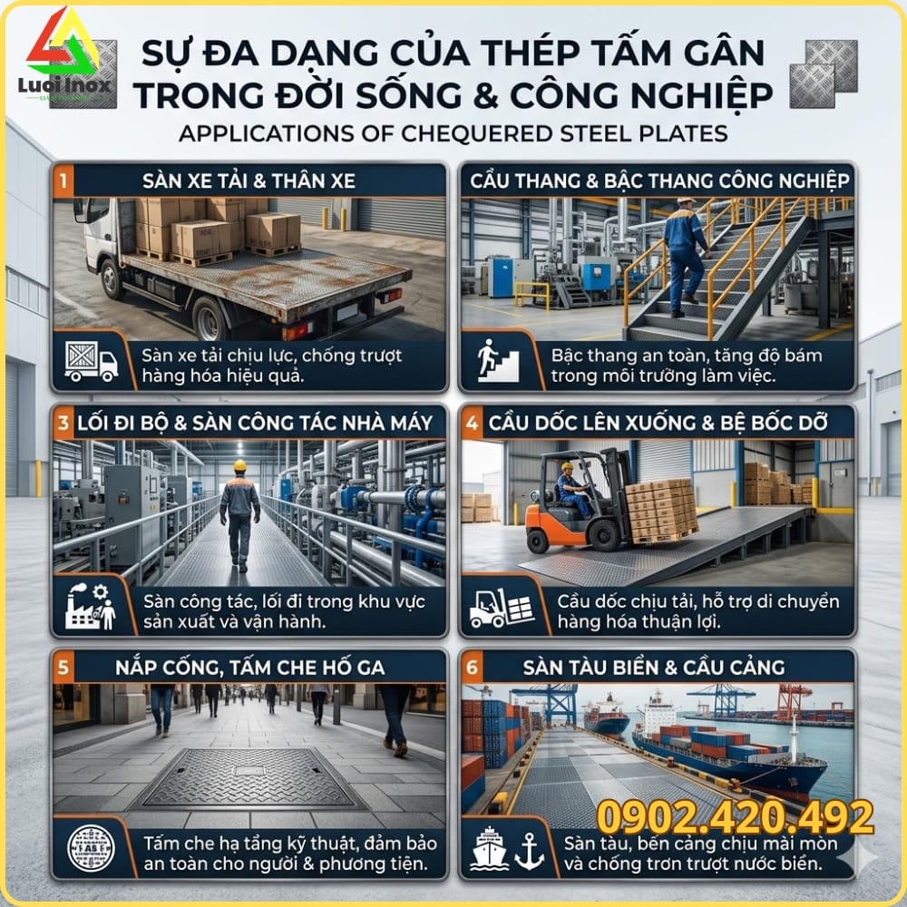 Thép tấm gân lót sàn xe tải và bậc cầu thang công nghiệp chống trơn