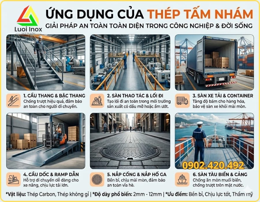 Thép tấm nhám lát sàn nhà xưởng và thùng xe tải chịu tải trọng va đập công nghiệp
