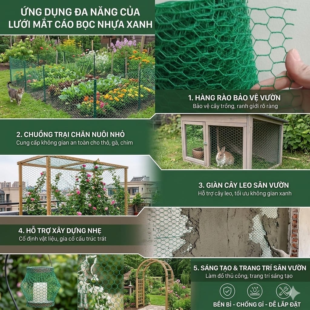Lưới mắt cáo bọc nhựa quây làm chuồng gà và giàn cho cây leo ngoài trời